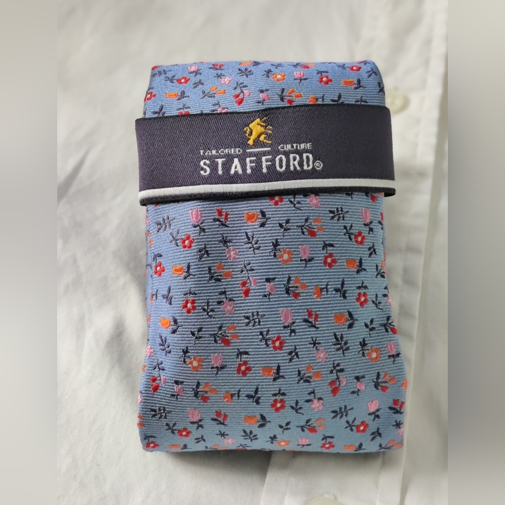 STAFFORD Broadcloth Spring Silk Tie Blue Floral OS Easter Wedding NWT